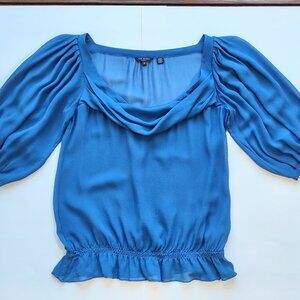 Ted Baker Silk Blouse Puff Sleeves Elegant Draped Neckline Chic Size 3 - Medium